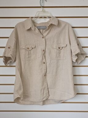 Sag Harbor Beige Button-Down Linen Blend Shirt